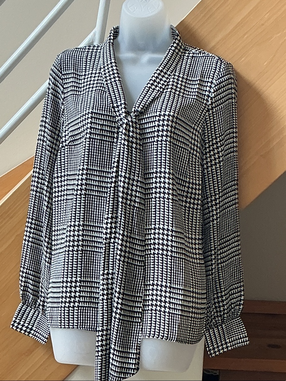 Brooks Brothers Black & White Plaid Tie-Neck Blouse